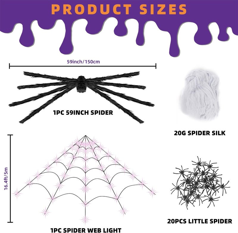 Kendane Halloween Decorations Outdoor and Indoor,250 LED Halloween Spider Web Light Decorations with 59" Giant Spider & 20g Stretch Cobweb,200" Large Light Up Spider Web for Yard(Purple) - Image 2